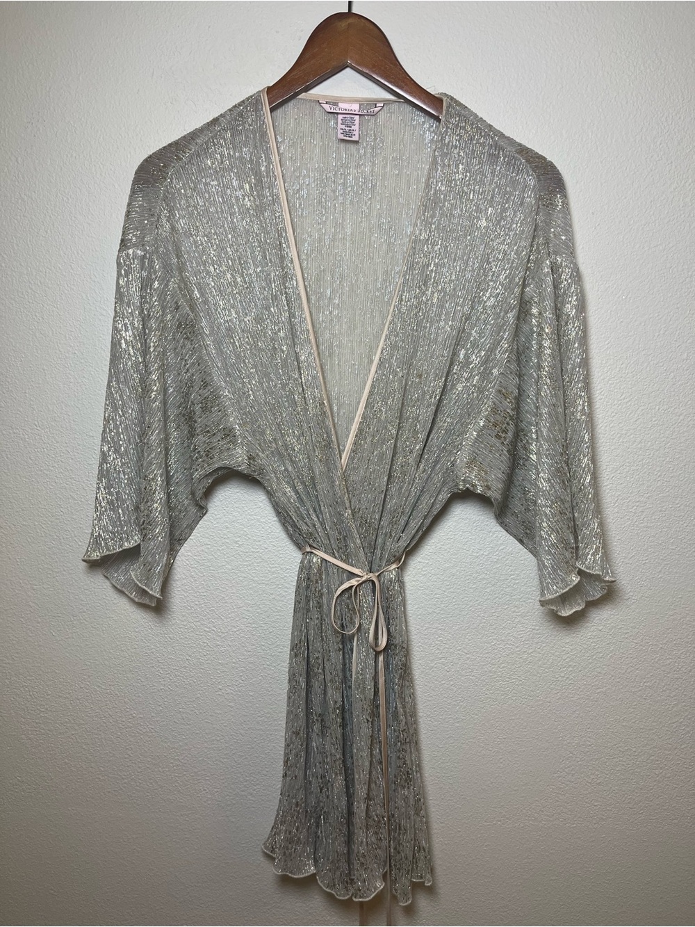 Vintage Victoria Secret Silver and Beige Metallic Soft Romantic Robe with Belt
